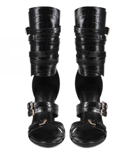 Sexy Black Leather Open Toe Cr - Sandal Strappy Heeled 评论和价格