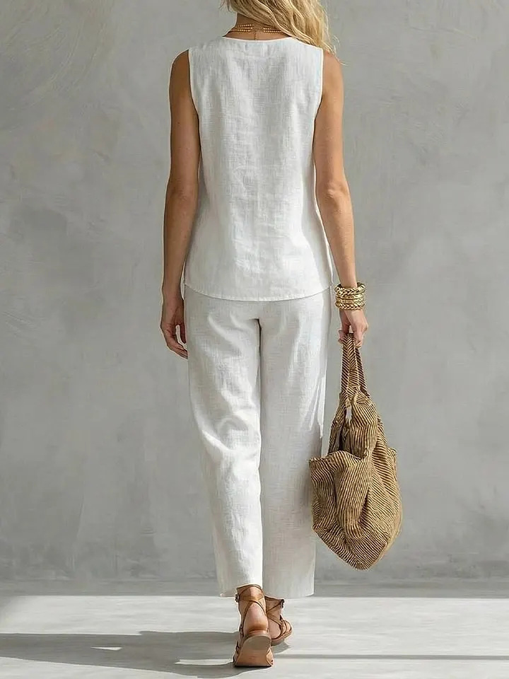 Single Button Sleeveless Linen - Linen Pant Wide 评论和价格